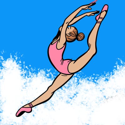 gymnast doing a leap in a leotard with a bent back leg