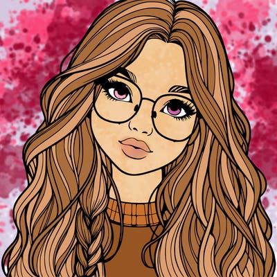 girl with long hair and freckles and glasses realistic