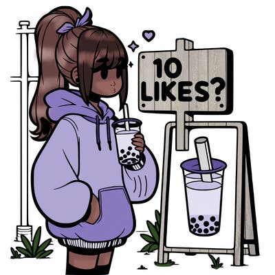 girl with oversized hoodie drinking boba and she has a high ponytail with a sign that says 10likes?