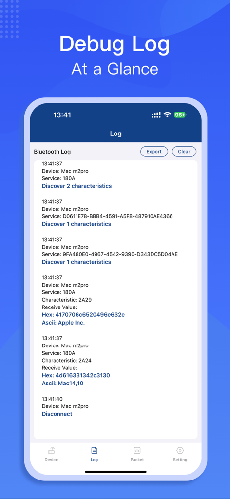 Uma captura de tela do log de depuração do aplicativo BluetoothAssistant exibindo detalhes técnicos de dispositivos Bluetooth conectados