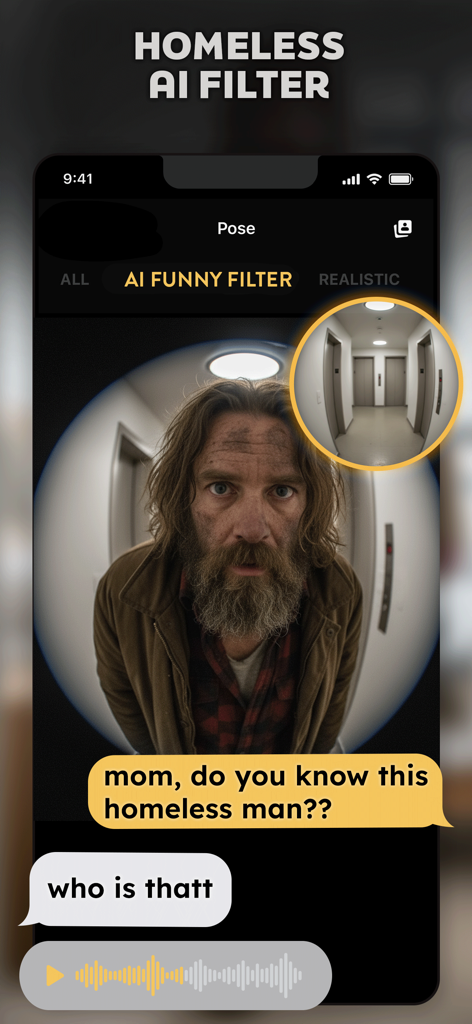 Interfaz de la aplicación Pose AI que muestra una broma divertida con filtro de persona sin hogar usando un efecto de cámara de timbre