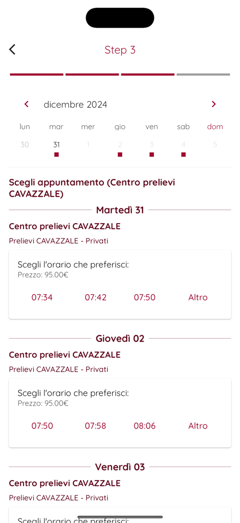 SEFAMO - Interfaccia dell'app SEFAMO che mostra un calendario e le fasce orarie disponibili per la prenotazione di appuntamenti medici presso il Centro Prelievi CAVAZZALE.