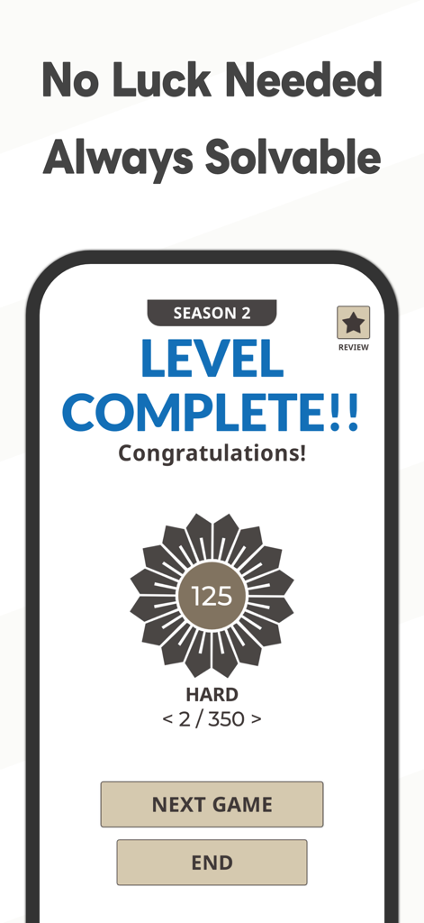 Mahjong Solitaire 1000+ Levels - Pantalla de fin de nivel en la aplicación Mahjong Solitario mostrando un puzle difícil completado con el texto No se necesita suerte, siempre resoluble.