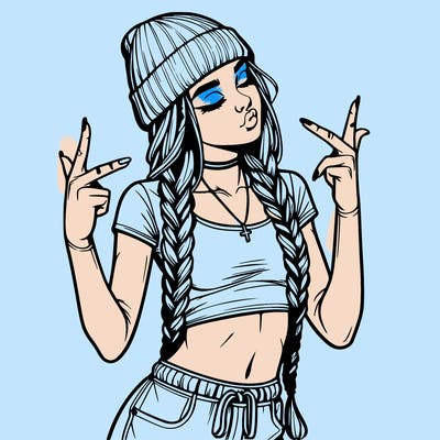 realistic teenage girl with braids and a beanie and crop top doing 🫶🏼