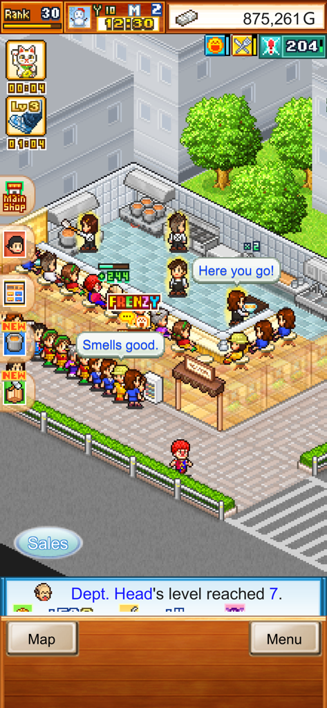 The Ramen Sensei - Uma loja de ramen movimentada em pixel art com clientes esperando na fila e funcionários servindo tigelas