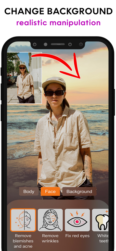 Face & Body Editor: Retouch Do - Interfaz de aplicación móvil que muestra un cambio realista de fondo de una calle de ciudad a una playa al atardecer con herramientas de retoque facial debajo.