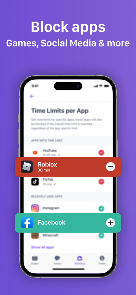 Interface of the Ohana parental control app showing how to set time limits for games and social media apps like Roblox and Facebook.