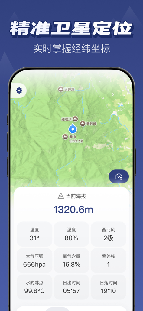 Interfaccia di un'app professionale di altimetro GPS e navigazione che mostra dati di altitudine e meteo