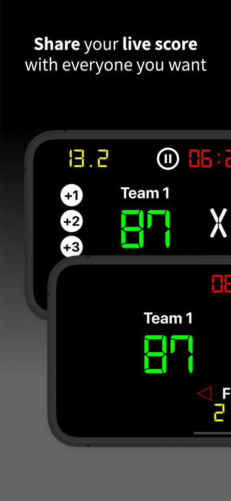 Virtual Scoreboard: Sports - Virtual Scoreboard app interface showing live score sharing feature and digital team points