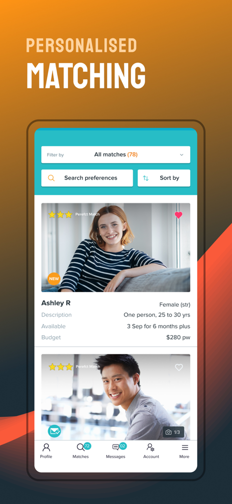 L'interface de l'application Flatmate Finders montrant la mise en relation personnalisée de colocataires avec des profils et des filtres de recherche.