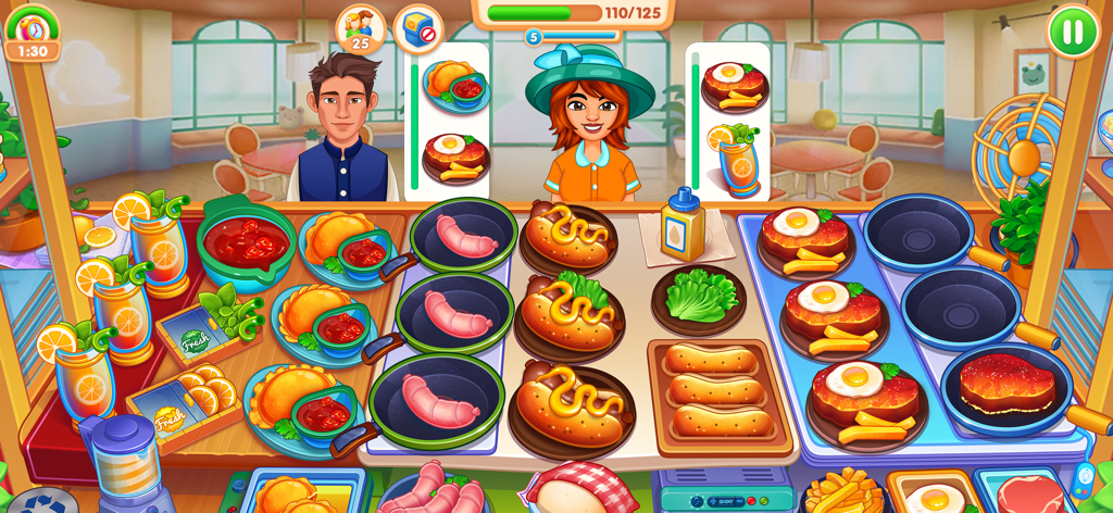Cooking Star: American Food - Gameplay screenshot of Cooking Star American Food showing a busy kitchen preparing steak and hot dogs