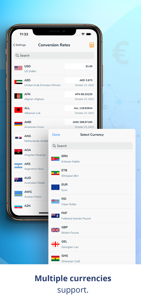 Un smartphone que muestra las tasas de conversión de divisas y un menú de selección de divisas para la gestión global de inventario.