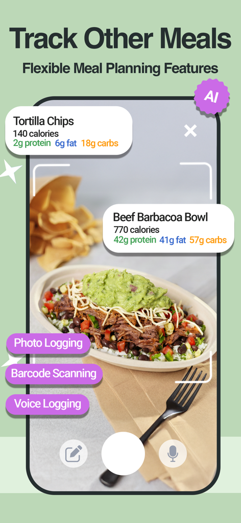 StrongrFastr Diet+Fitness AI - Strongr Fastr AI food recognition and macro tracking feature showing nutritional data for a meal