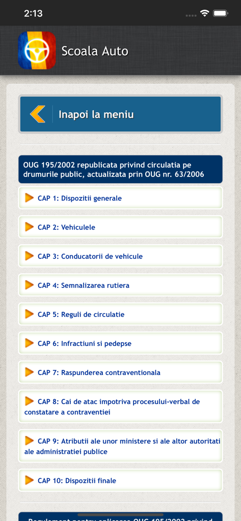 Scoala Auto, Chestionare auto - A list of Romanian traffic legislation chapters within the Scoala Auto driving school app
