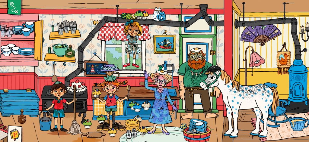 World of Pippi Longstocking - Pippi Longstocking and her friends in the messy kitchen of Villa Villekulla with a hand drawn art style
