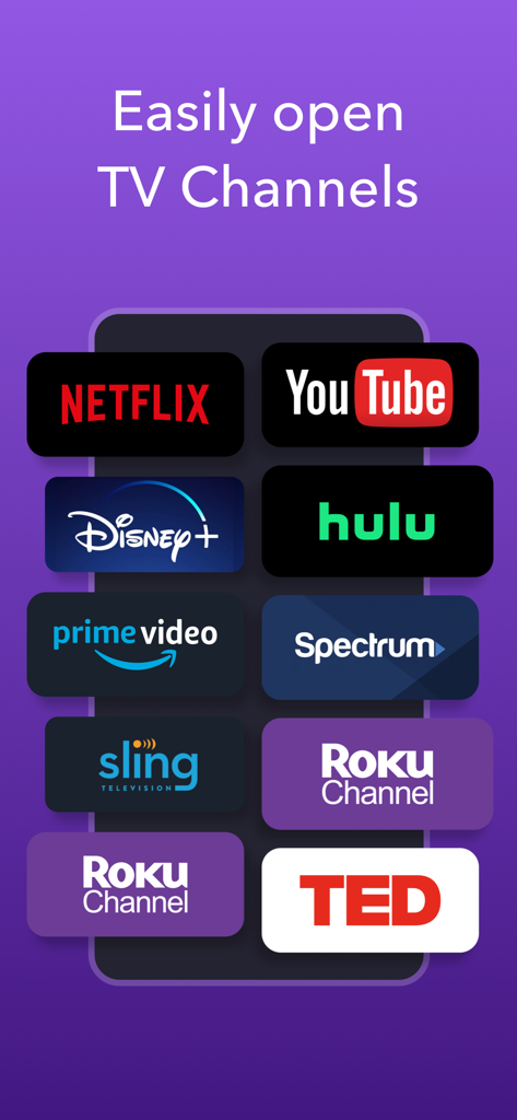 Interface of the TV Remote app showing quick access buttons for streaming channels like Netflix, YouTube, and Disney Plus.
