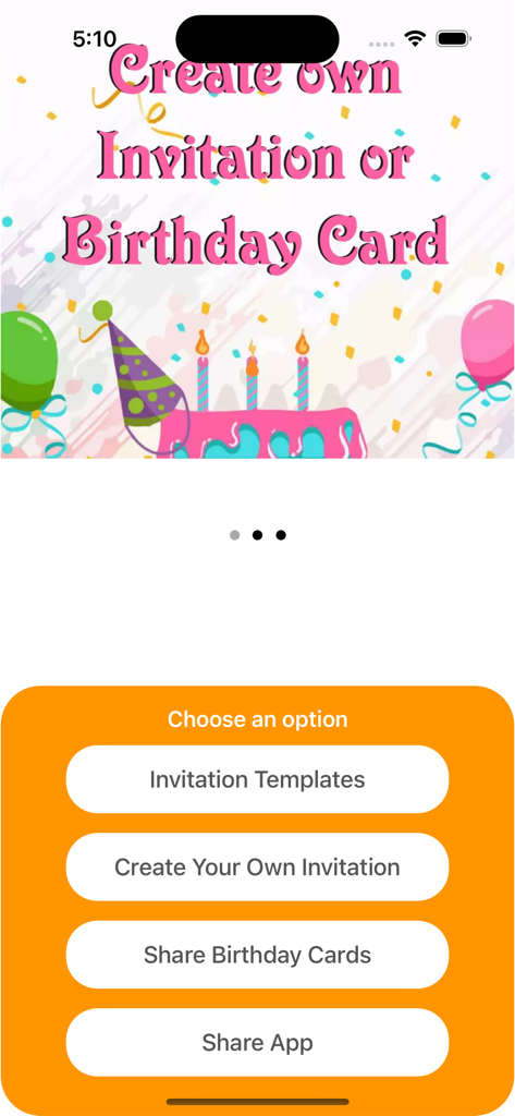 Birthday Invitations Maker - Main menu of the Birthday Invitations Maker app featuring options to use templates or create a custom invitation.