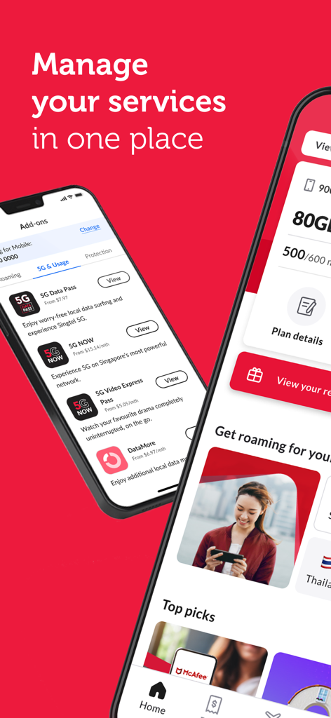 My Singtel app - 5Gデータパスとサービス管理オプションを表示しているモバイル端末の My Singtel アプリのインターフェース。