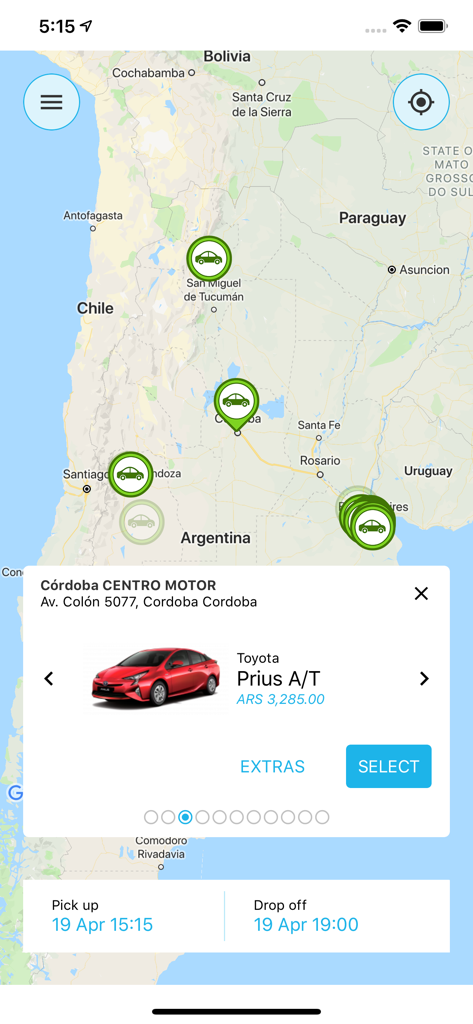 KINTO SHARE LATAM - Tela do aplicativo móvel KINTO Share mostrando uma opção de aluguel de Toyota Prius em um mapa na Argentina