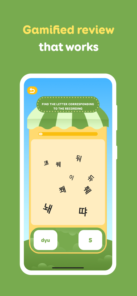 Pantalla de la aplicación HeyKorea con un juego gamificado de identificación de letras de Hangul