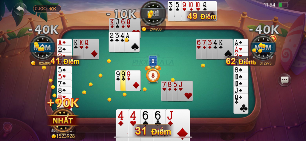 Tiến Lên Miền Nam - Đánh Bài - Gameplay of Phom Ta La Vietnamese card game featuring four players on a beach themed table.