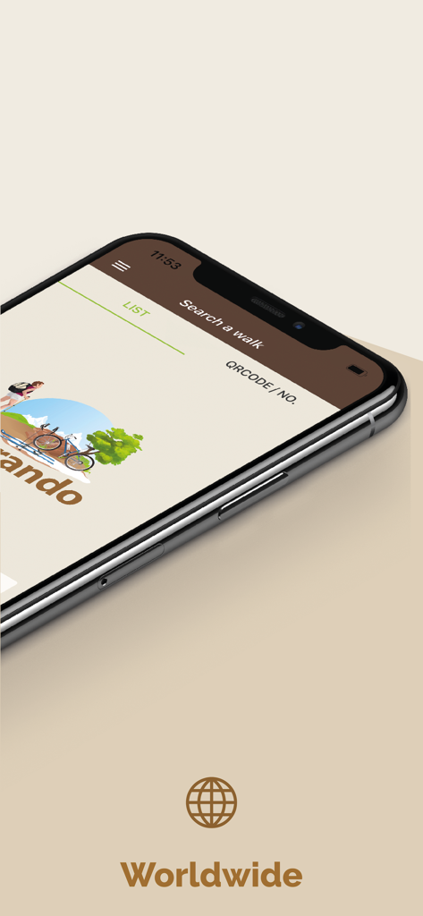 Smartphone screen showing the Visorando app search interface for worldwide walking routes.