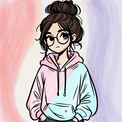 teen girl with a messy bun and glasses wearing a loose hoodie and jeans