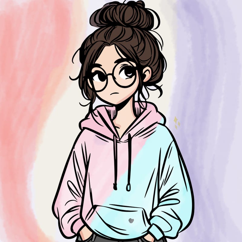 teen girl with a messy bun and glasses wearing a loose hoodie and jeans