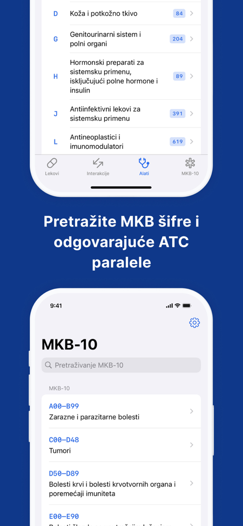 Mediately Baza Lekova - Mediately Baza Lekova app screenshot showing ICD-10 classification and medical code search interface in Serbian