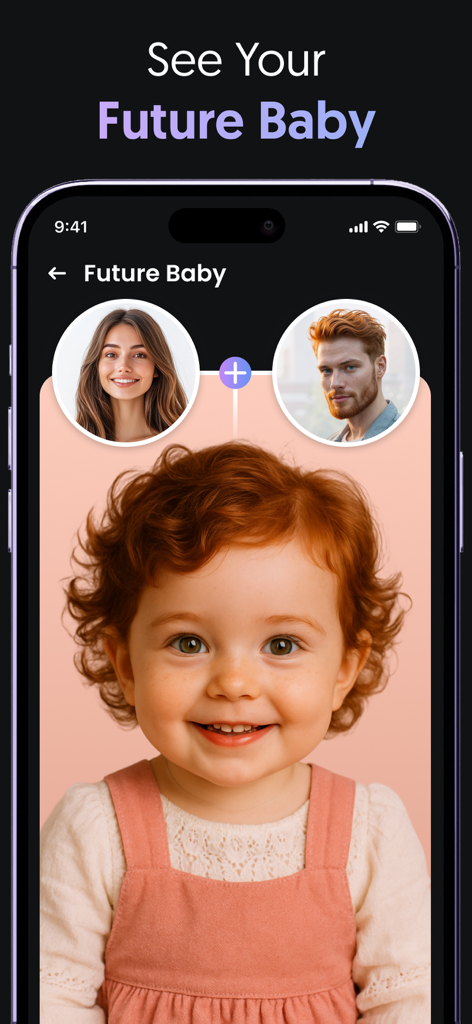 A mobile app screen titled Future Baby showing two parent portraits combined into a generated baby photo