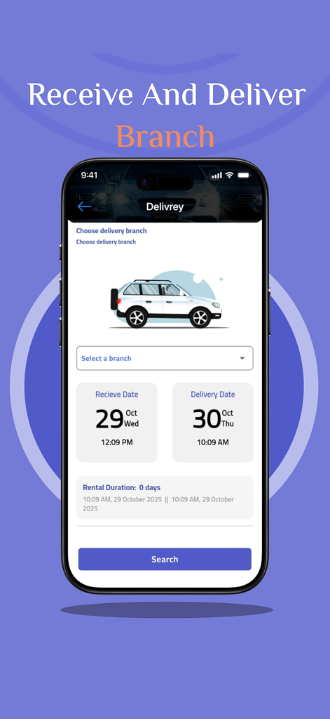 Interfaz de la aplicación de alquiler de coches AbuDiyab para seleccionar la sucursal de recogida y las fechas