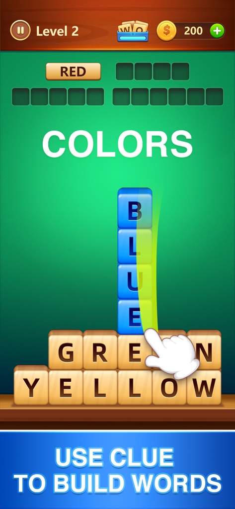 A gameplay screenshot of Word Fall showing a user swiping to select the word BLUE from a stack of letter blocks based on the clue COLORS