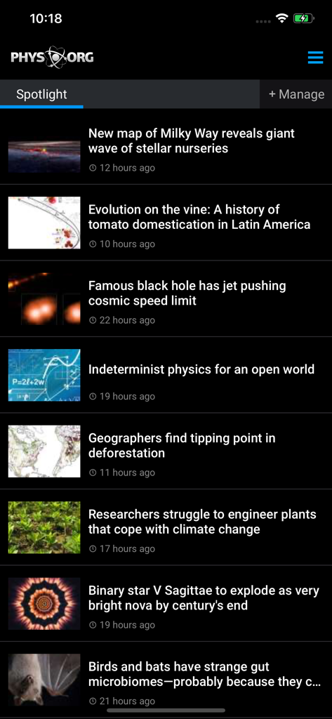 Phys.org - Phys.orgアプリのスポットライト画面にある科学ニュースの見出しのリスト