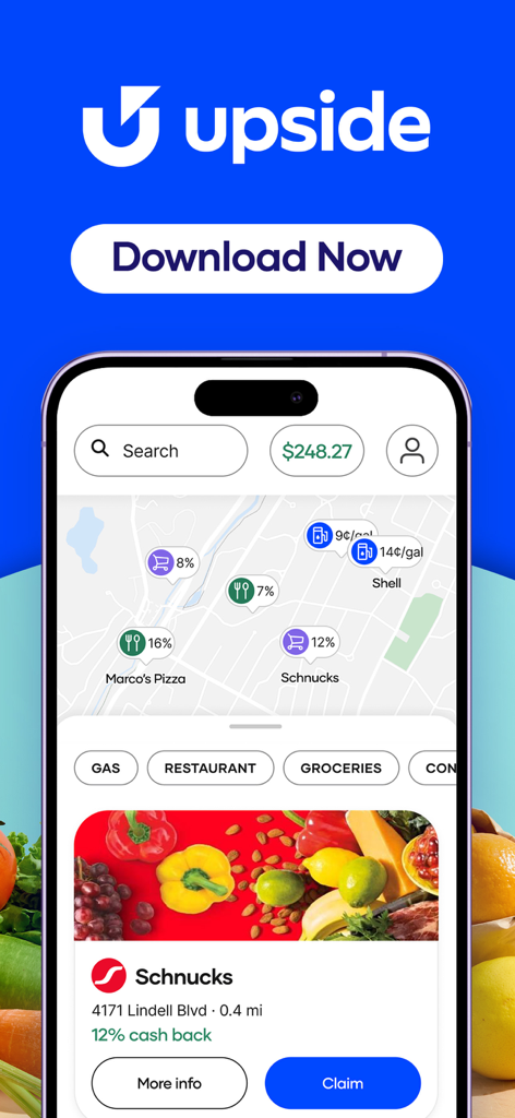 Upside app interface showing a map with cash back deals for gas and food