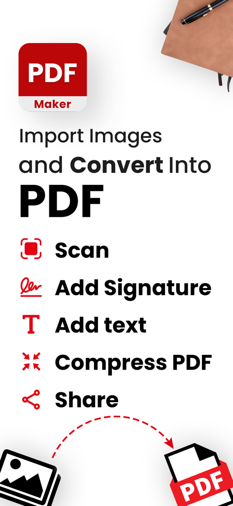 PDF Converter - Image to PDF . - PDF Maker app screenshot showing features to scan, add signature, add text, compress PDF, and share files