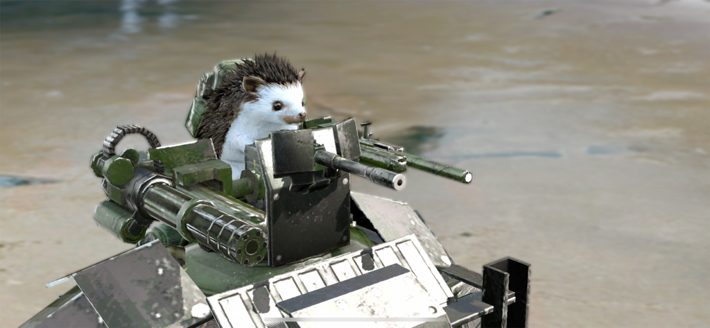 A hedgehog pilot sitting inside a heavily armed military tank turret