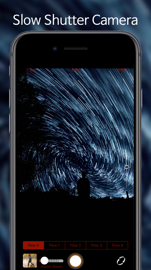 Flow Shutter Cam app interface showing a long exposure star trail photo with manual camera controls