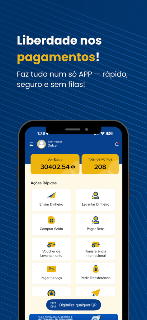 AkiPaga - AkiPaga mobile app home screen showing financial services like money transfers and payments in Portuguese