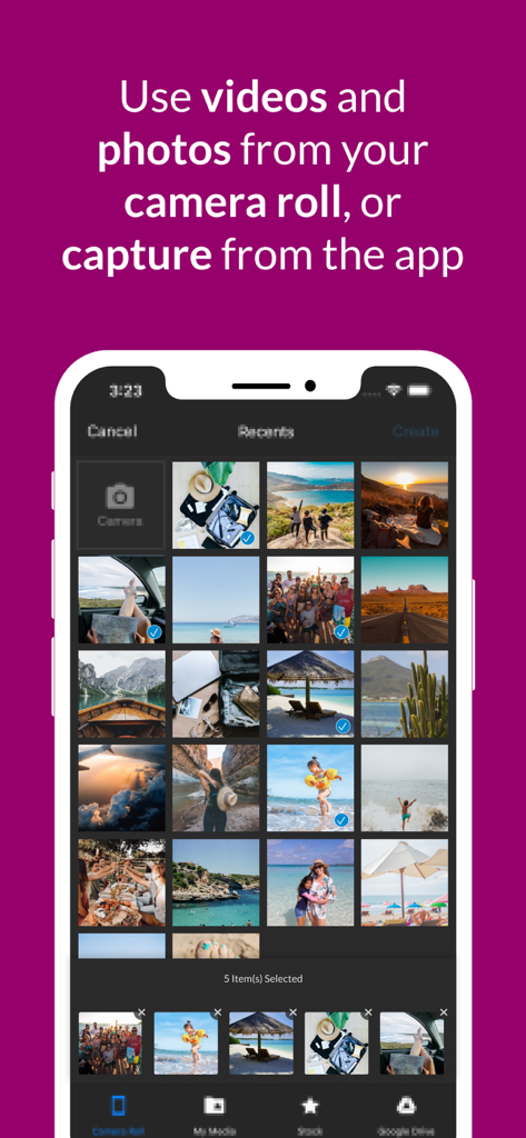 Pantalla de la app WeVideo mostrando la selección de fotos y videos del carrete de la cámara