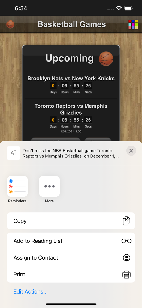Basketball Games Pro - iOS share sheet showing options to share or set reminders for an NBA game schedule.