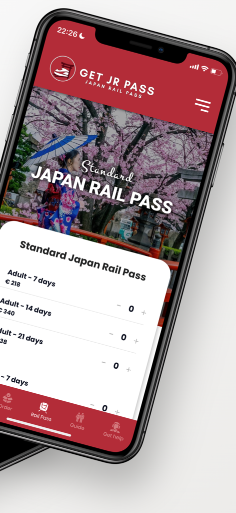 Japan Rail Pass - by Getjrpass - Tela de seleção de passagens Standard Japan Rail Pass no aplicativo móvel Getjrpass