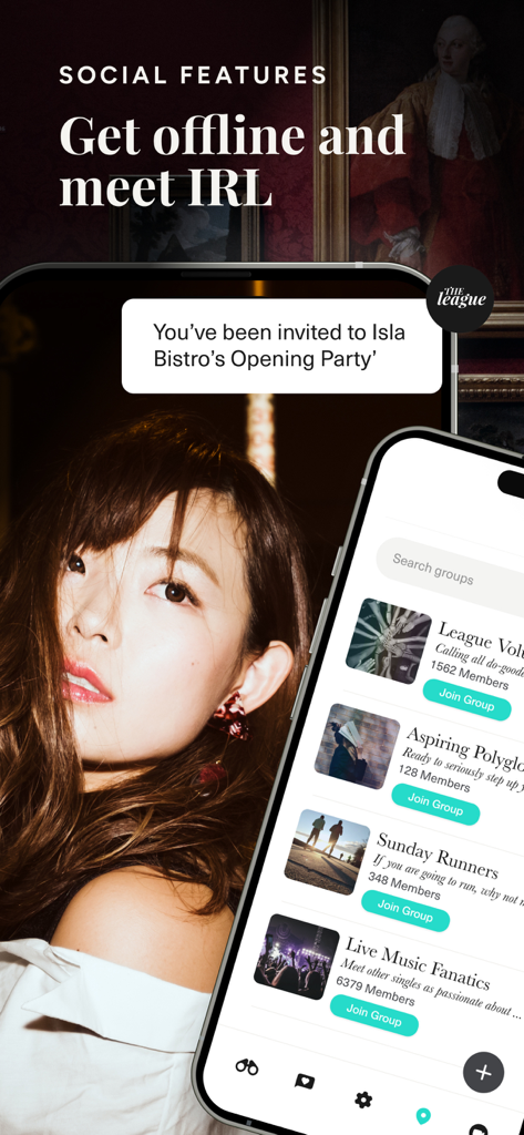 The League: Intelligent Dating - The League app interface showing social features and community groups for meeting people in real life.