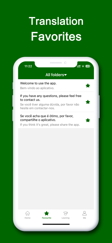 ptTranslator for Portuguese - Uma lista de traduções de frases salvas em inglês e português na seção de favoritos do aplicativo ptTranslator.