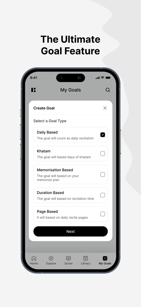 The Clear Quran® - Interfaz de la aplicación El Corán Claro que muestra la pantalla de creación de objetivos con opciones para recitación diaria, khatam y memorización.