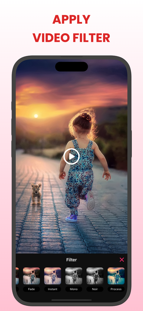 Slow Motion Video FX Editor ® - A mobile interface for the Slow Motion Video FX Editor app showing how to apply aesthetic filters to a video clip of a girl and a lion cub at sunset