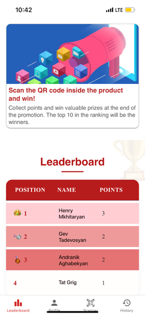 Martin App - Screenshot of the Martin App leaderboard showing top ranked users and promotional information for scanning QR codes to win prizes.