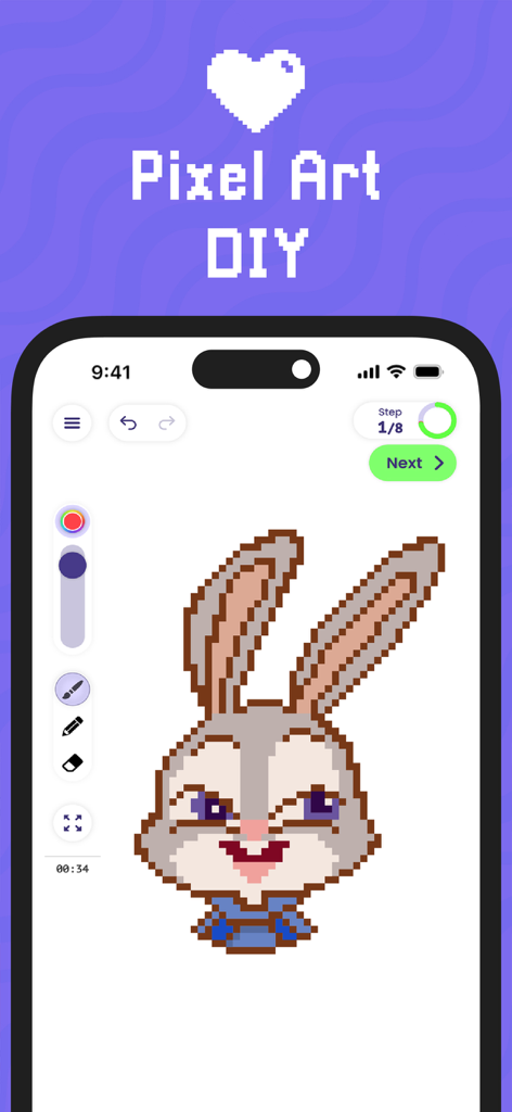 DrawMee - Learn how to draw - DrawMee app screen showing a step by step pixel art tutorial of a bunny character
