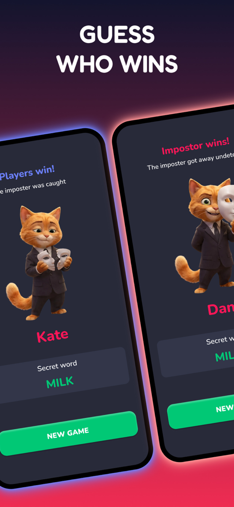 Due schermate mobili che mostrano i risultati della vittoria per i giocatori e l'impostore nel gioco.