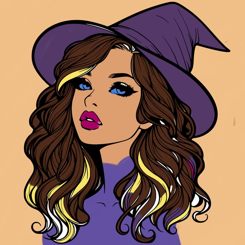 realistic witch girl with wavy hair and lips