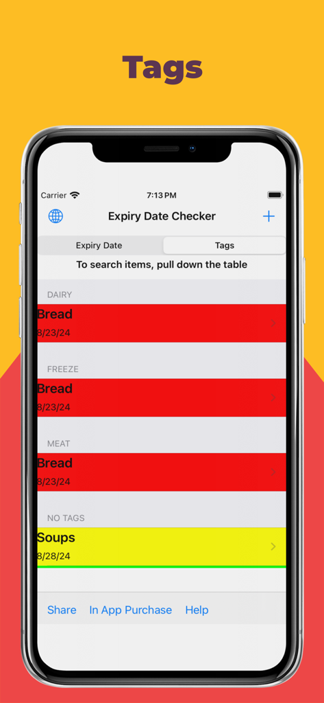Expiry Date Checker app interface displaying food inventory items organized by category tags